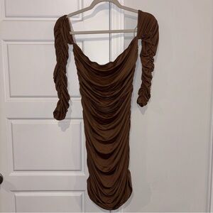 SHEIN Brown Long Sleeve Ruched Dress